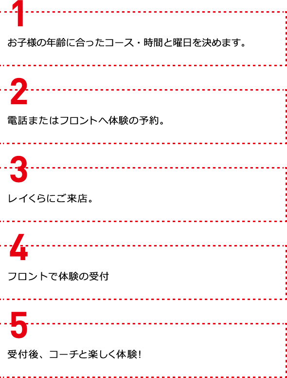 1 お子様の年齢に合ったコース・時間と曜日を決めます。2 電話またはフロントへ体験の予約。3 レイくらにご来店。4 フロントで「無料体験」の受付5 受付後、コーチと楽しく体験！