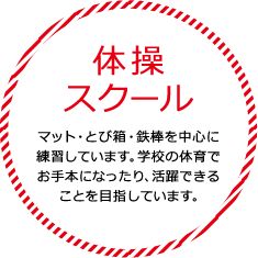 体操スクール マット・とび箱・鉄棒を中心に練習しています。学校の体育でお手本になったり、活躍できることを目指しています。